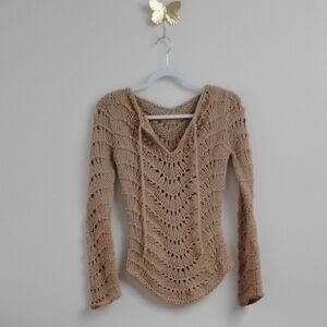 Y2K Boho Coquette Cottagecore Festival  Tan Open Knit Tie Front Sweater